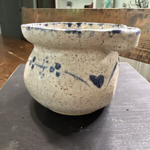 Signed Stoneware Art Pottery Handled Bowl Crock Flowers Hearts